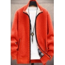 Vintage Mens Cardigan Pure Color Stand Collar Long-Sleeved Zip Closure Fitted Knit Cardigan with Pockets