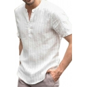 Fashionable Mens Shirt Stripe Printed Short-Sleeved Stand Collar Curved Hem Button Detail Relaxed Fitted Shirt