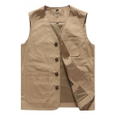 Casual Mens Vest Solid Color Button Closure V-Neck Sleeveless Regular Fitted Vest