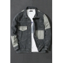 Guys Cool Jacket Contrast Color Patchwork Button Placket Turn-Down Collar Fit Denim Jacket
