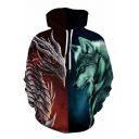 Baggy Guys Hoodie 3D Animal Pattern Long Sleeves Drawcord Kanga Pocket Relaxed Fit Hoodie