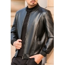 Fashionable Mens Leather Jacket Plain Color Long Sleeve Stand Collar Zipper Placket Slim Fitted Leather Jacket