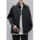 Guys Baggy Jacket Solid Button Closure Long Sleeves Turn-down Collar Loose PU Jacket