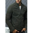 Soft Leather Jacket Pure Color Stand Collar Zip Decoration Pocket Regular Leather Jacket for Men