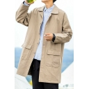 Cool Men Coat Pure Color Flap Pocket Lapel Collar Loose Long Sleeve Button Closure Trench Coat