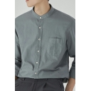 Fashionable Mens Shirt Pure Color Button Closure Stand Collar Long-Sleeved Regular Fit Shirt with Pocket
