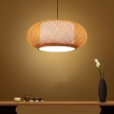 Beige Pumpkin Shade Suspension Lighting Simplicity Bamboo 1-Light Wood Pendant Light Fixture