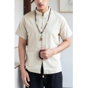 Fashionable Mens Shirt Pure Color Stand Collar Long-Sleeved Button Closure Relaxed Fit Shirt