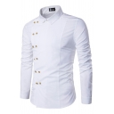 Guys Fancy Shirt Solid Color Turn-down Collar Applique Button Long Sleeves Shirt