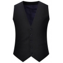 Trendy Guys Vest Solid Color V-Neck Sleeveless Button Closure Slim Fitted Suit Vest