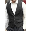 Modern Suit Waistcoat Plain Belt Back V-Neck Sleeveless Skinny Button Placket Suit Vest for Men
