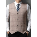 Novelty Suit Vest Plaid Pattern V-Neck Sleeveless Slim Fitted Suit Vest for Men