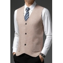 Elegant Guys Vest Whole Colored Pocket Detail Button Closure V-Neck Regular Fit Vest