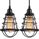 Industrial Retro Wired Caged Shade Pendant Light Metal 1 Light Hanging Lamp in Black for Coffee Shop