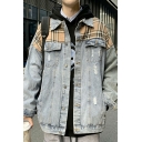 Cool Denim Jacket Contrast Striped Pocket Detailed Long Sleeve Turn-down Collar Loose Jacket for Guys