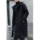 Stylish Men Black Coat Plain Drawstring Long Sleeves Regular Zip Fly Hooded Trench Coat
