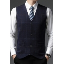 Fashionable Sweater Vest Plaid Print Sleeveless V-Neck Button Closure Pockets Detail Slim Fitted Knitted Vest for Men