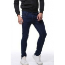 Simple Solid Color Jeans Zip Closure Multi-Pockets Skinny Fit Jeans for Mens