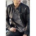 Cool Guys Jacket Pure Color Stand Collar Zip Detail Pocket Decorate Long-sleeved Fit PU Jacket