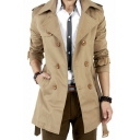 Men Leisure Coat Pure Color Notched Collar Long-Sleeved Regular Double Breasted Trench Coat