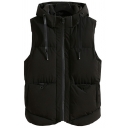 Fashionable Boy's Vest Solid Color Drawstring Pocket Detailed Sleeveless Relaxed Zip Fly Hooded Vest