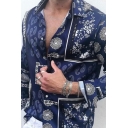Urban Mens Shirt Floral Pattern Long-Sleeved Spread Collar Relaxed Button Closure Shirt in Dark Blue