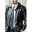 Dashing Jacket Solid Color Zipper Fly Turn-down Collar Long-sleeved Fitted Leather Jacket for Guys