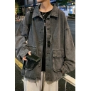 Guy's Trendy Jacket Whole Colored Pocket Detailed Long-Sleeved Turn-down Collar Loose Button Closure Denim Jacket