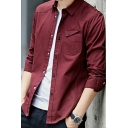 Retro Mens Shirt Pure Color Chest Pocket Lapel Collar Slim Fitted Long Sleeve Button Closure Shirt