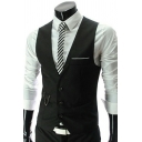 Leisure Mens Pure Color Sleeveless V-Neck Button Closure Pockets Detail Fitted Suit Vest