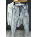 Men Street Look Denim Pants Solid Color Zip Closure Distressed Front Pocket Regular Fitted Denim Pants