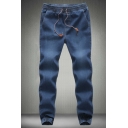 Trendy Washed Jeans Drawstring Elastic Waist Cuffed Mid-Rise Straight Cut Jeans for Men