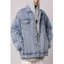 Mens Dashing Denim Jacket Solid Pure Spread Collar Long-Sleeved Flap Pockets Button Closure Loose Fitted Denim Jacket