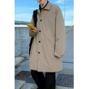 Freestyle Guys Coat Pure Color Turn-down Collar Button Up Side Pocket Long-sleeved Loose Coat