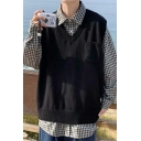 Fancy Vest Solid Color V-Neck Loose Fitted Sleeveless Knitted Vest for Boys