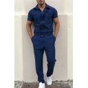 Fashionable Mens Jumpsuit Pure Color Zip Placket Short Sleeves Full Length Fit Jumpsuit