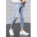 Trendy Plain Men's Jeans Zip Closure Multi-Pockets Mid Rise Slim Cut Jeans