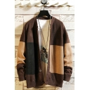 Fashion Mens Cardigan Color Panel Button Fly V-Neck Long-sleeved Baggy Cardigan