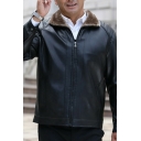 Cool Mens Coat Pure Color Pocket Detail Lapel Collar Long-Sleeved Relaxed Zipper Leather Coat