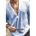 Guy's Cool T-Shirt Pure Color Lace-up Decoration V-Neck Half Sleeve Regular Fit Tee Shirt Top