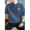 Fashionable Mens Tee Top Embroidery Printed Stand Collar Half Sleeve 1/4 Frog Button Relaxed Fit Tee Shirt