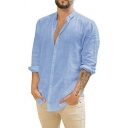 Mens Trendy Shirt Pure Color Button Closure Long-Sleeved Stand Collar Slim Fitted Shirt