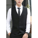 Guy's Cozy Suit Waistcoat Pure Color V-Neck Sleeveless Relaxed Fitted Single Breasted Suit Vest