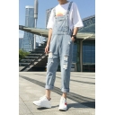 Basic Mens Denim Overall Solid Color Ripped Distressed Ankle Length Straight Leg Overall