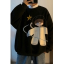 Stylish Guys Sweatshirt Cartoon Pattern Long-Sleeved Crew Neck Rib Cuffs Loose Fit Sweatshirt