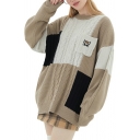 Retro Sweater Color Block Round Neck Rib Cuffs Long Sleeve Relaxed Sweater for Men
