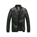Simple Jacket Pure Color Pocket Stand Collar Long Sleeve Regular Zip Fly Leather Jacket for Men