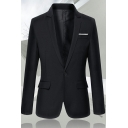 Comfortable Mens Jacket Suit Pure Color Long-Sleeved Single Button Slim Fitted Suit with Pockets