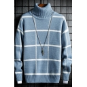 Men Popular Sweater Checked Pattern High Collar Rib Cuffs Long Sleeves Loose Fit Sweater