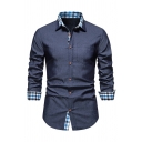 Classic Shirt Point Collar Plaid Pattern Button Up Long-Sleeved Slim Fit Shirt for Men